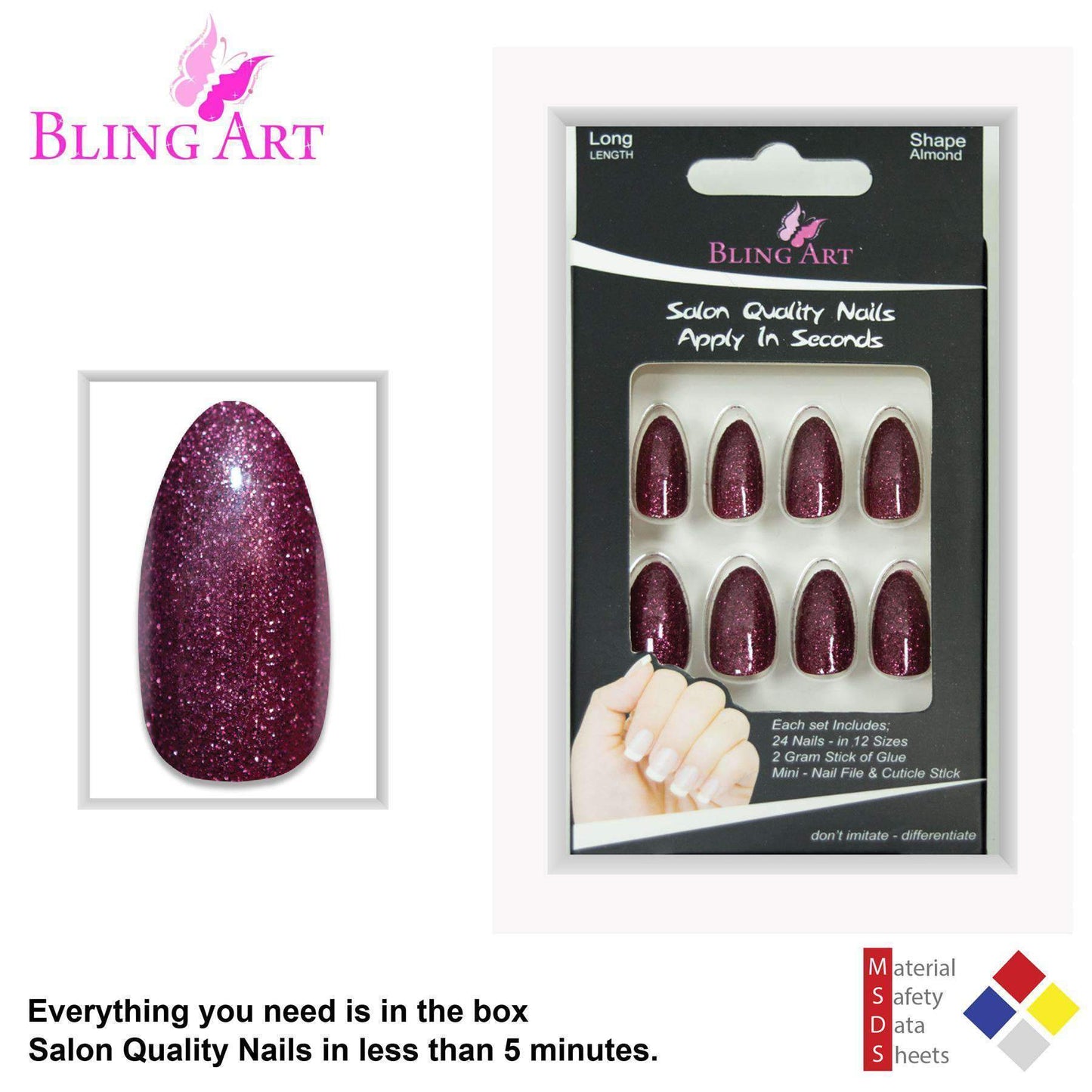 False Nails by Bling Art Red Brown Gel Almond Stiletto Fake Long