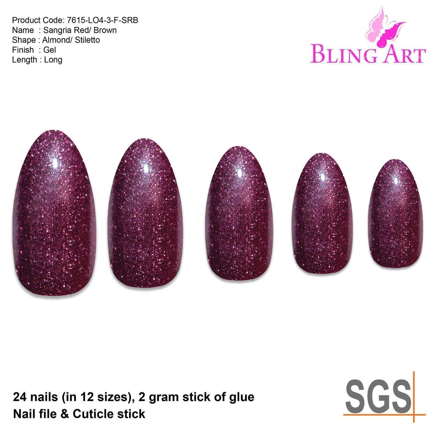 False Nails by Bling Art Red Brown Gel Almond Stiletto Fake Long